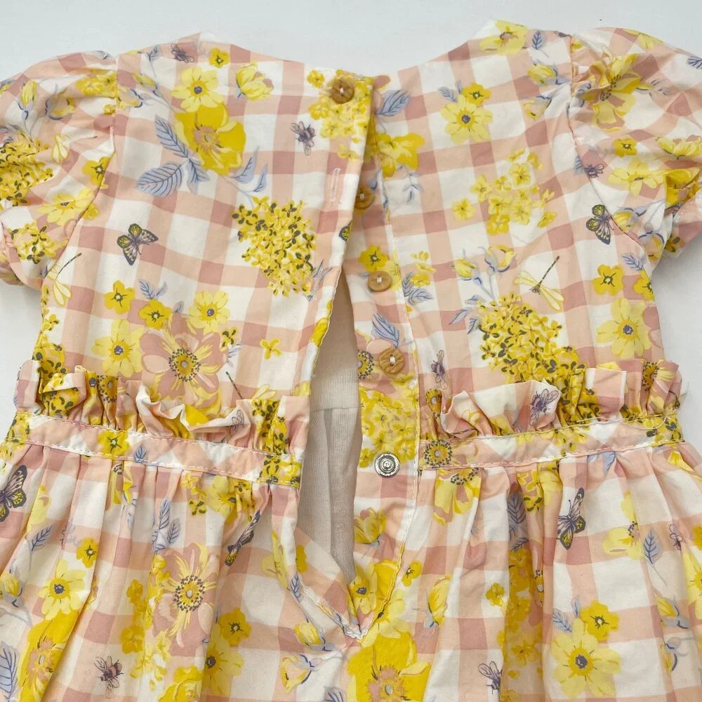 Haute Hippie Dress Gingham Floral Girl Size 2T Pink Yellow White‎ Puffed Sleeve